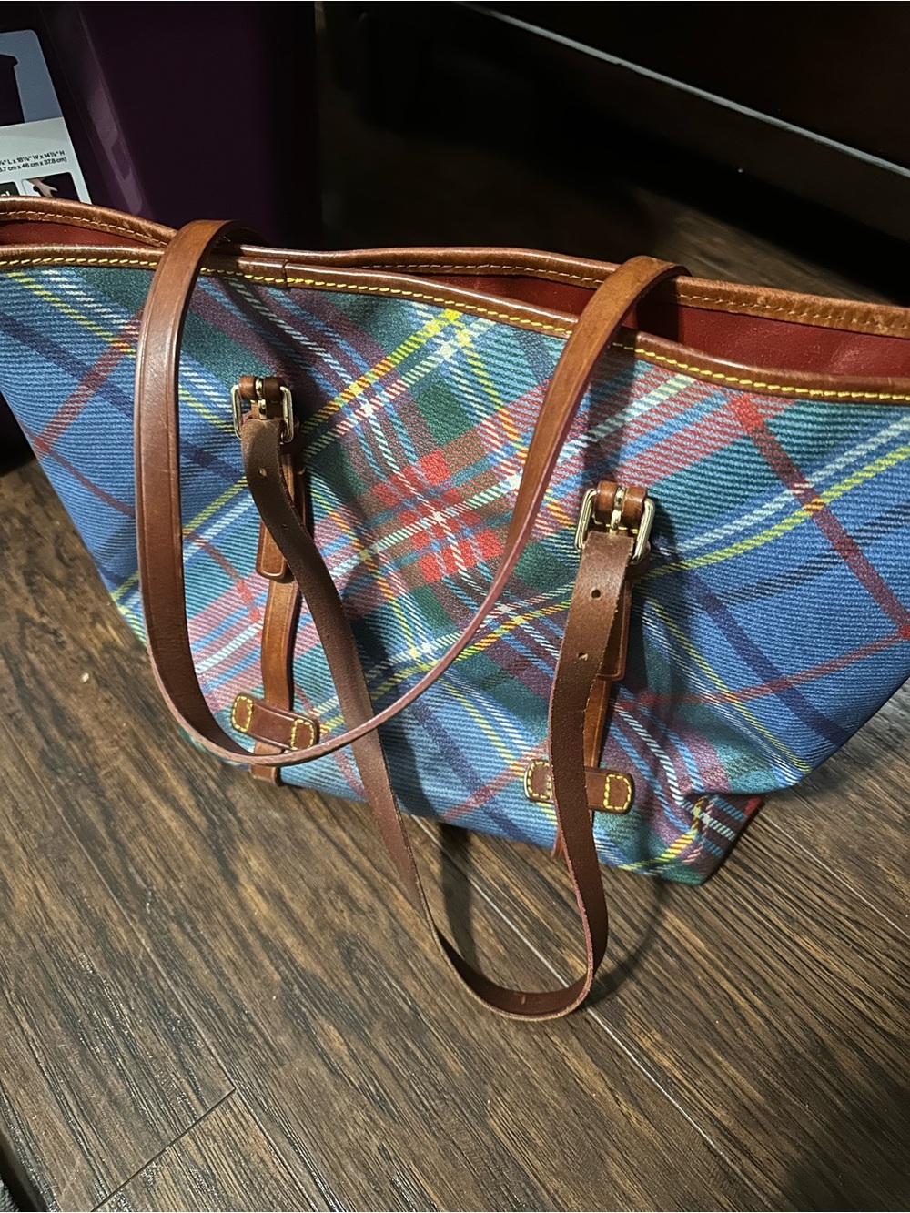 Dooney & Bourke Blue Multicolor Plaid Tote with Brown Leather Trim - Picture 2 of 2
